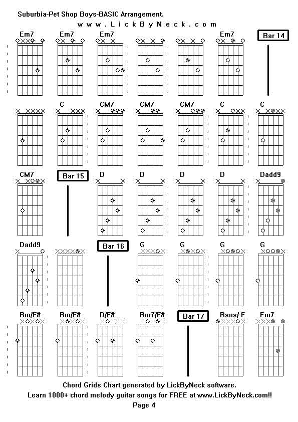 Chord Grids Chart of chord melody fingerstyle guitar song-Suburbia-Pet Shop Boys-BASIC Arrangement,generated by LickByNeck software.